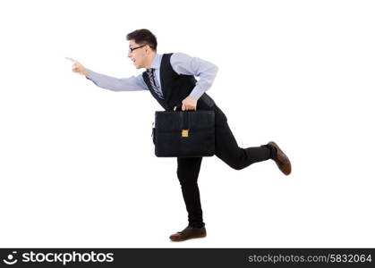 Funny businessman with briefcase isolated on white