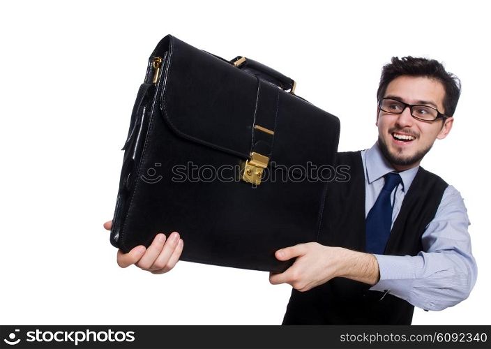 Funny businessman with briefcase isolated on white