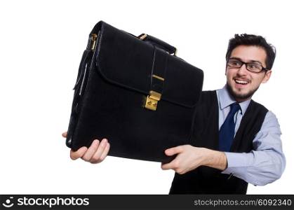 Funny businessman with briefcase isolated on white