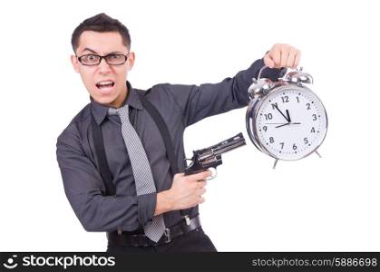 Funny businessman with clock and gun