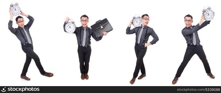 Funny businessman with clock isolated on white
