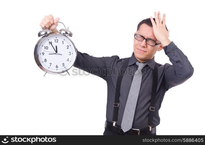 Funny businessman with clock isolated on white