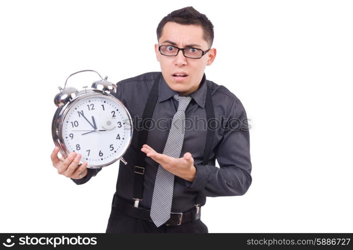 Funny businessman with clock isolated on white