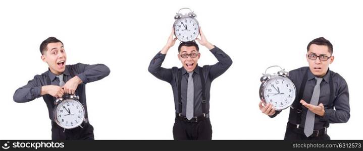 Funny businessman with clock isolated on white