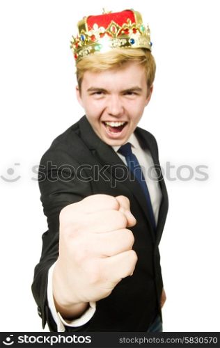 Funny businessman with crown and boxing gloves