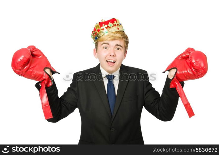 Funny businessman with crown and boxing gloves