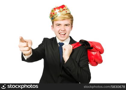 Funny businessman with crown and boxing gloves