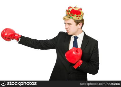 Funny businessman with crown and boxing gloves