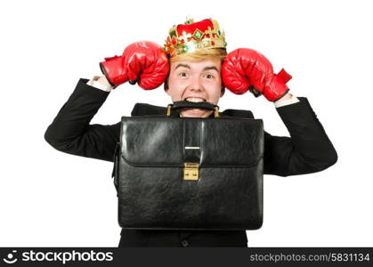 Funny businessman with crown and boxing gloves