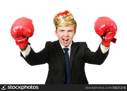 Funny businessman with crown and boxing gloves