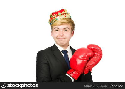 Funny businessman with crown and boxing gloves