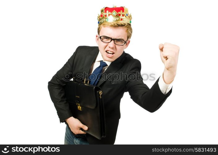 Funny businessman with crown and boxing gloves