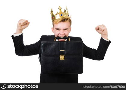 Funny businessman with crown and boxing gloves