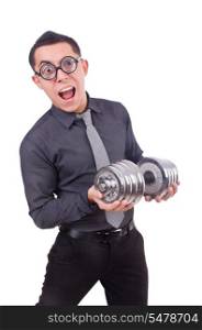Funny businessman with dumbbells isolated on white
