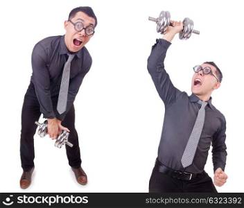 Funny businessman with dumbbells isolated on white