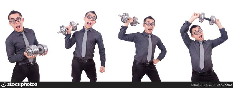 Funny businessman with dumbbells isolated on white