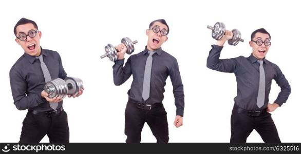 Funny businessman with dumbbells isolated on white. The funny businessman with dumbbells isolated on white