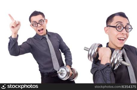 Funny businessman with dumbbells isolated on white. The funny businessman with dumbbells isolated on white