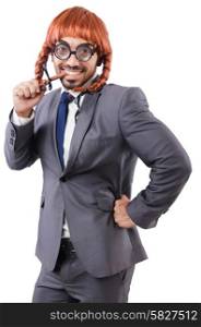 Funny businessman with female wig isolated on white