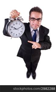 Funny businessman with gian clock on white