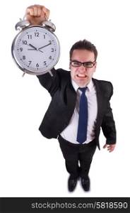 Funny businessman with gian clock on white