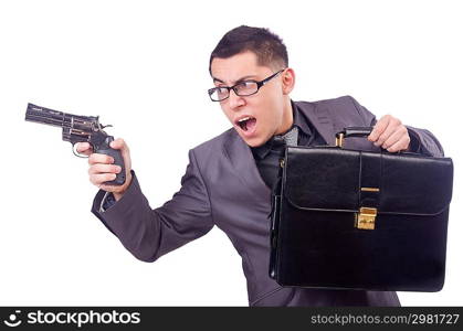 Funny businessman with gun on white