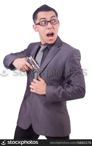 Funny businessman with gun on white