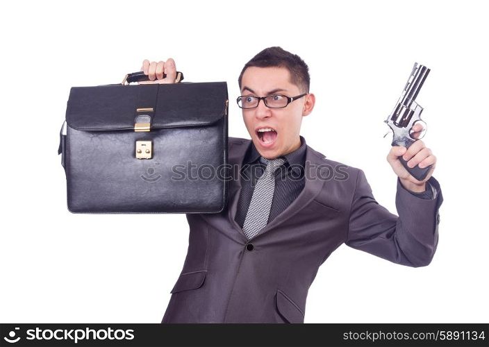 Funny businessman with gun on white