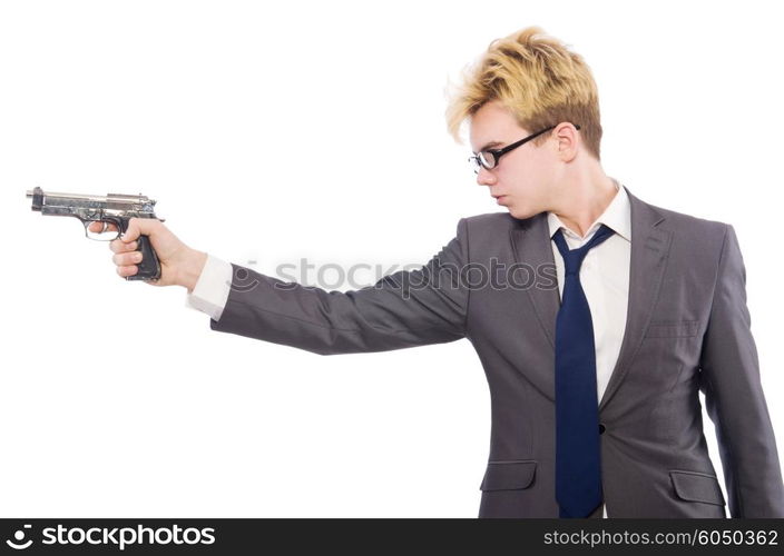 Funny businessman with gun on white