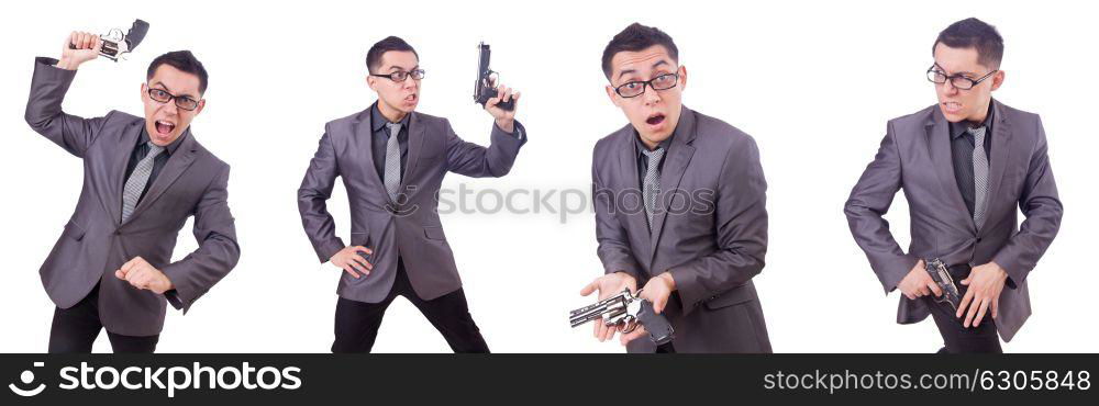 Funny businessman with gun on white