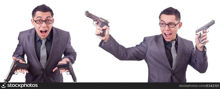 Funny businessman with gun on white