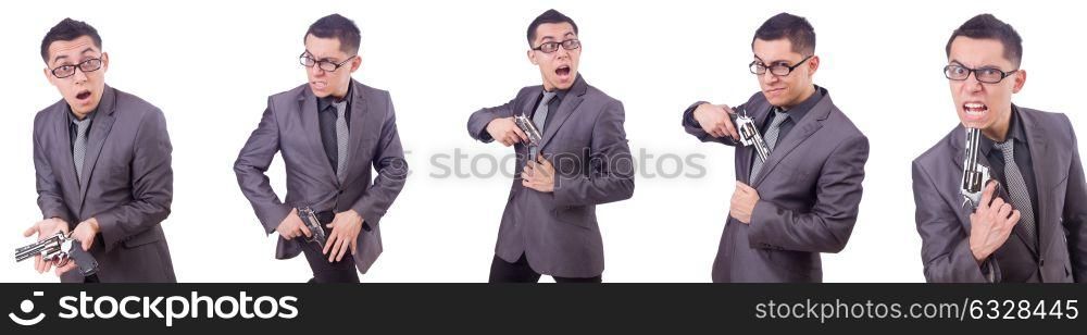 Funny businessman with gun on white. The funny businessman with gun on white