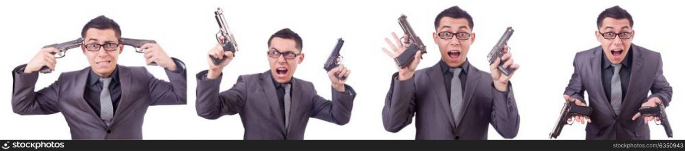 Funny businessman with gun on white. The funny businessman with gun on white