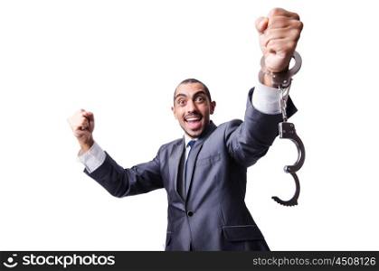 Funny businessman with handcuffs on white