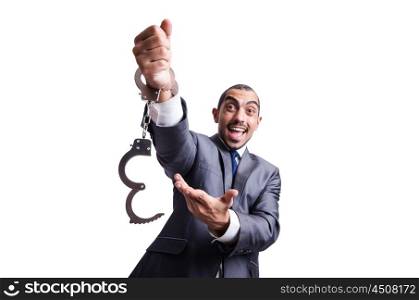 Funny businessman with handcuffs on white