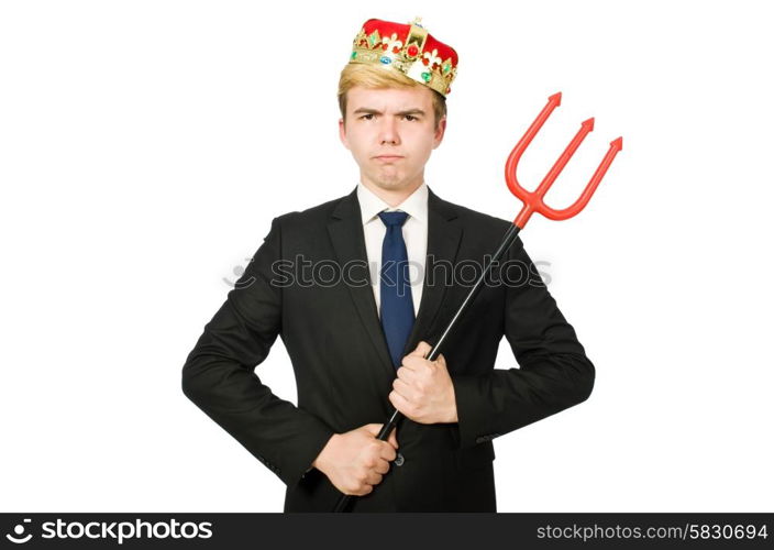 Funny businessman with trident pitchfork isolated on white