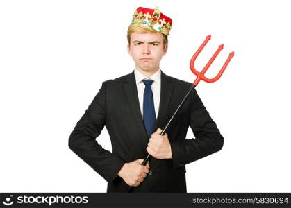Funny businessman with trident pitchfork isolated on white