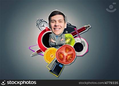 Funny businessman. Young smiling businessman at composite business background