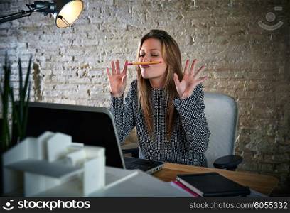 Funny businesswoman chat pencil mustache expression on laptop comuter