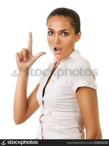 funny businesswoman showing gun gesture on white background