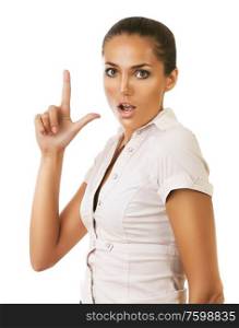 funny businesswoman showing gun gesture on white background