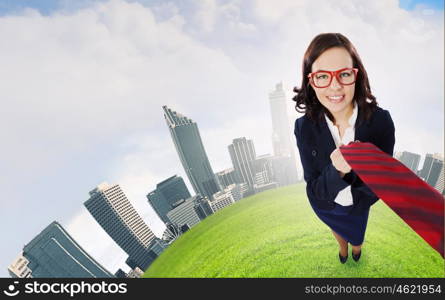 Funny businesswoman. Top view of businesswoman pulling tie of boss