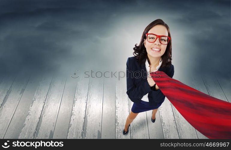 Funny businesswoman. Top view of businesswoman pulling tie of boss