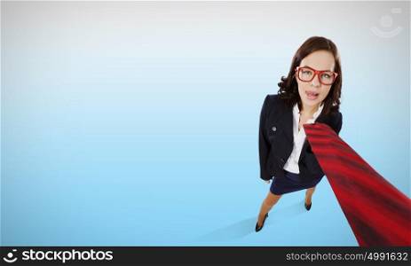 Funny businesswoman. Top view of businesswoman pulling tie of boss