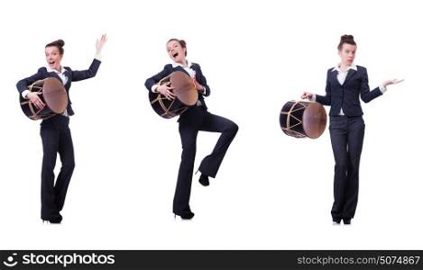Funny businesswoman with drum isolated on white