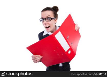 Funny businesswoman with red folder on white