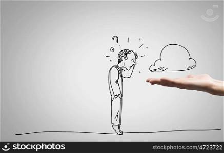 Funny caricature. Close up of human hand and sketch of businessman