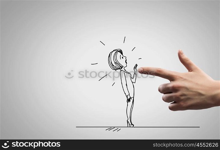 Funny caricature. Close up of human hand attacking businesswoman