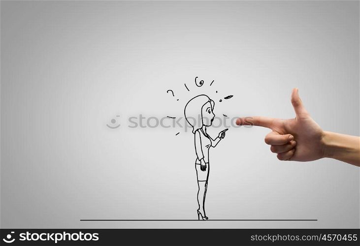Funny caricature. Close up of human hand attacking businesswoman