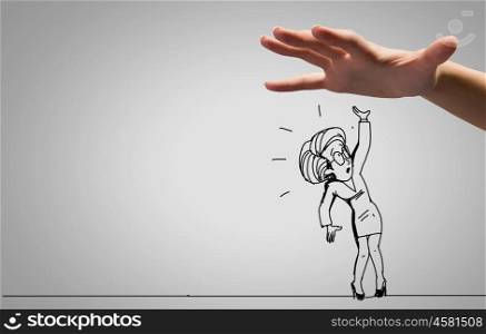 Funny caricature. Close up of human hand catching running away businesswoman